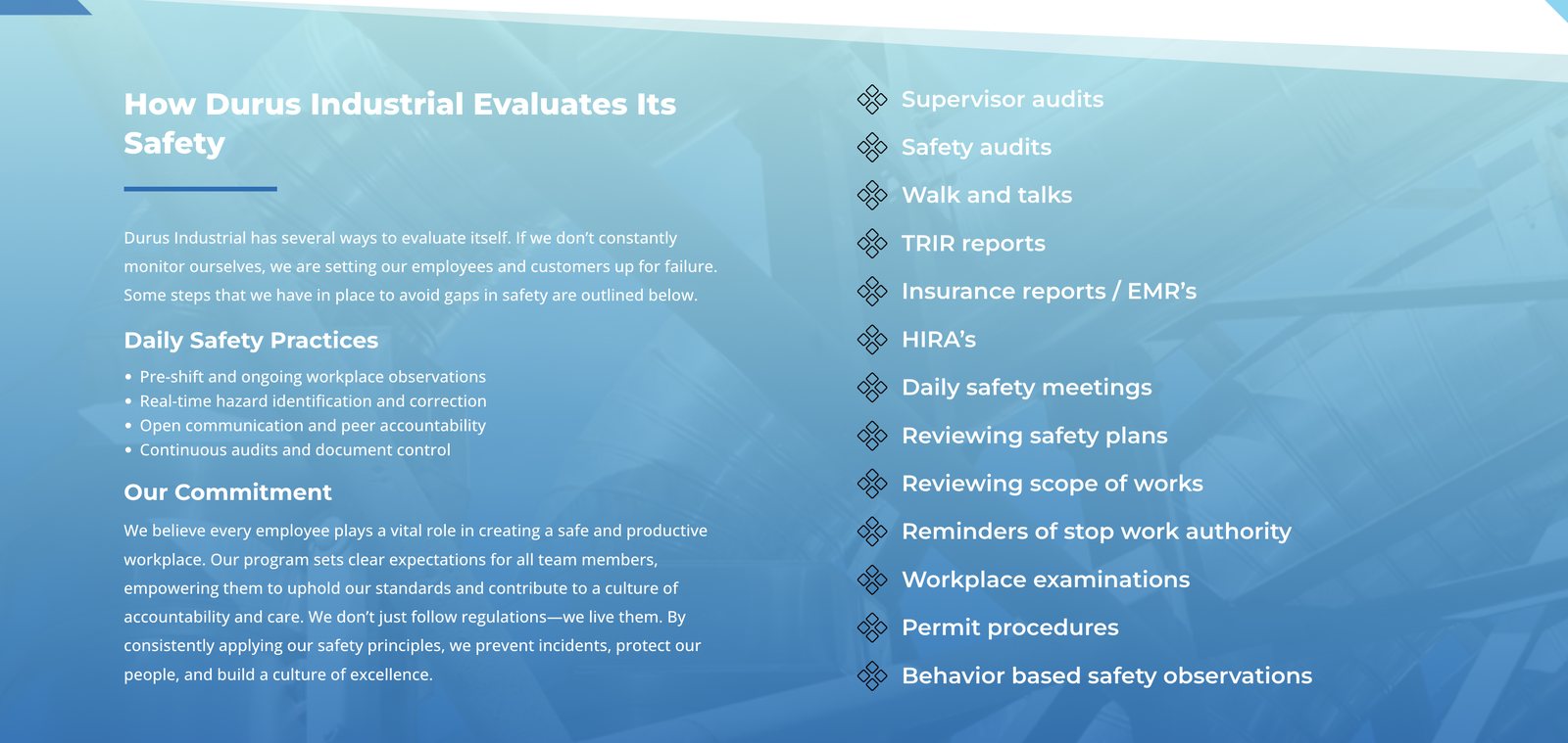 Durus Industrial safety evaluation section