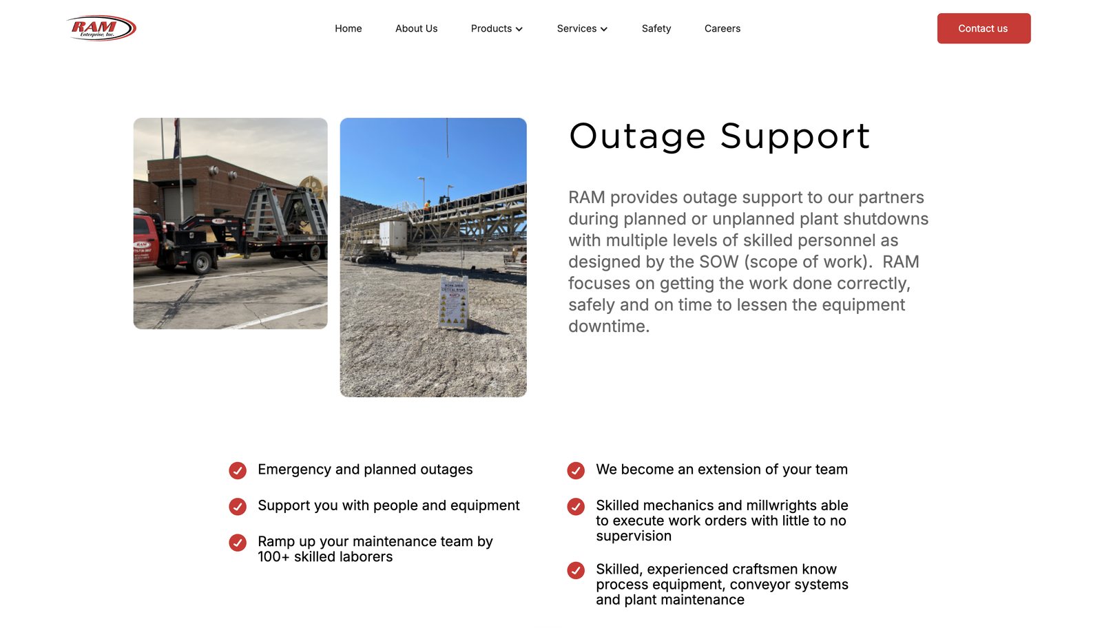 RAM Outage Support page hero and benefits